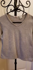 Gray, v-neck, long sleeve, cropped sweatshirt.